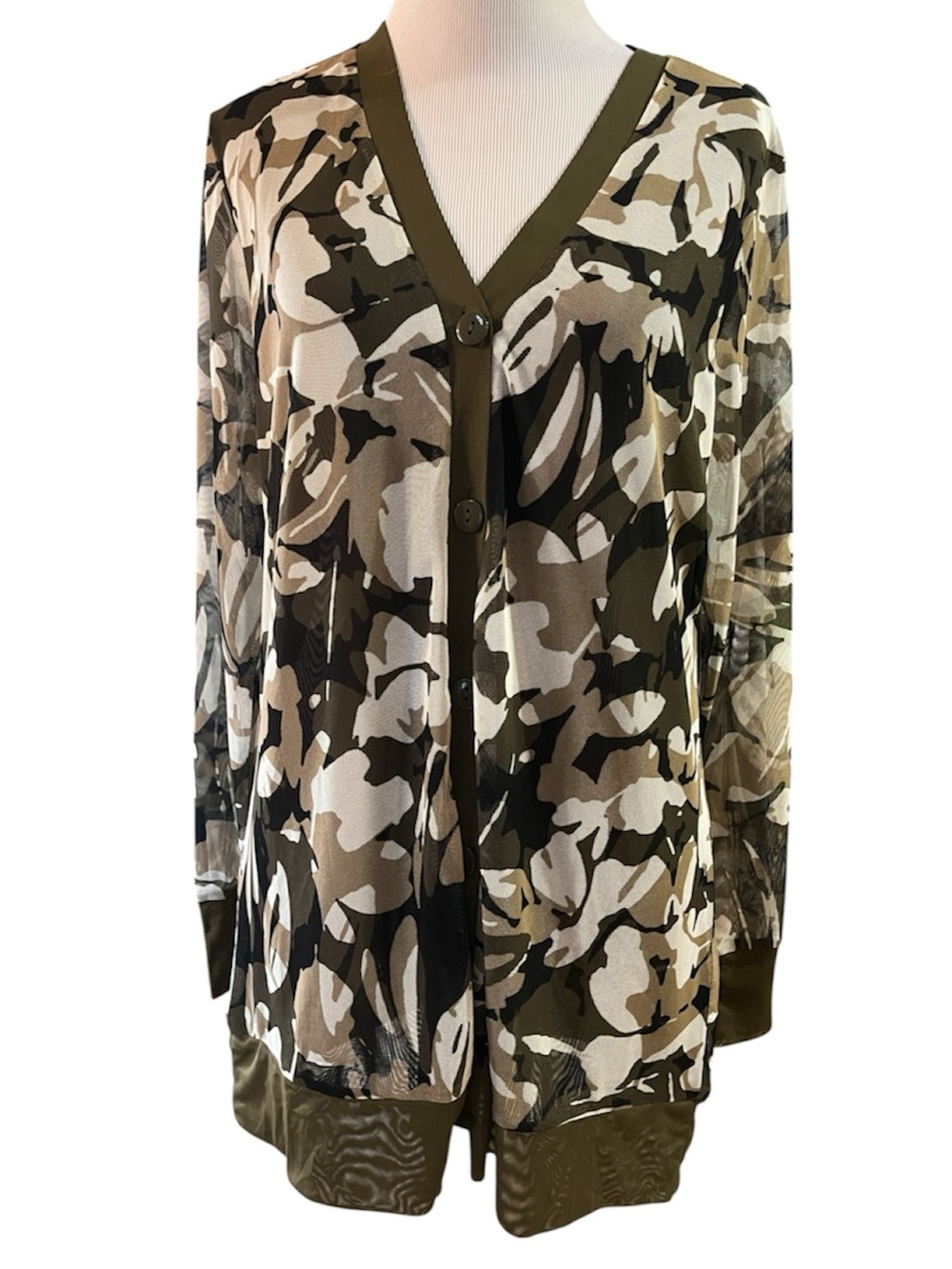 CHICO’S LONG SLEEVE FLORAL CAMO PRINT CARDIGAN TOP GRN  TAN WHI CHICOS SIZE 1 SM